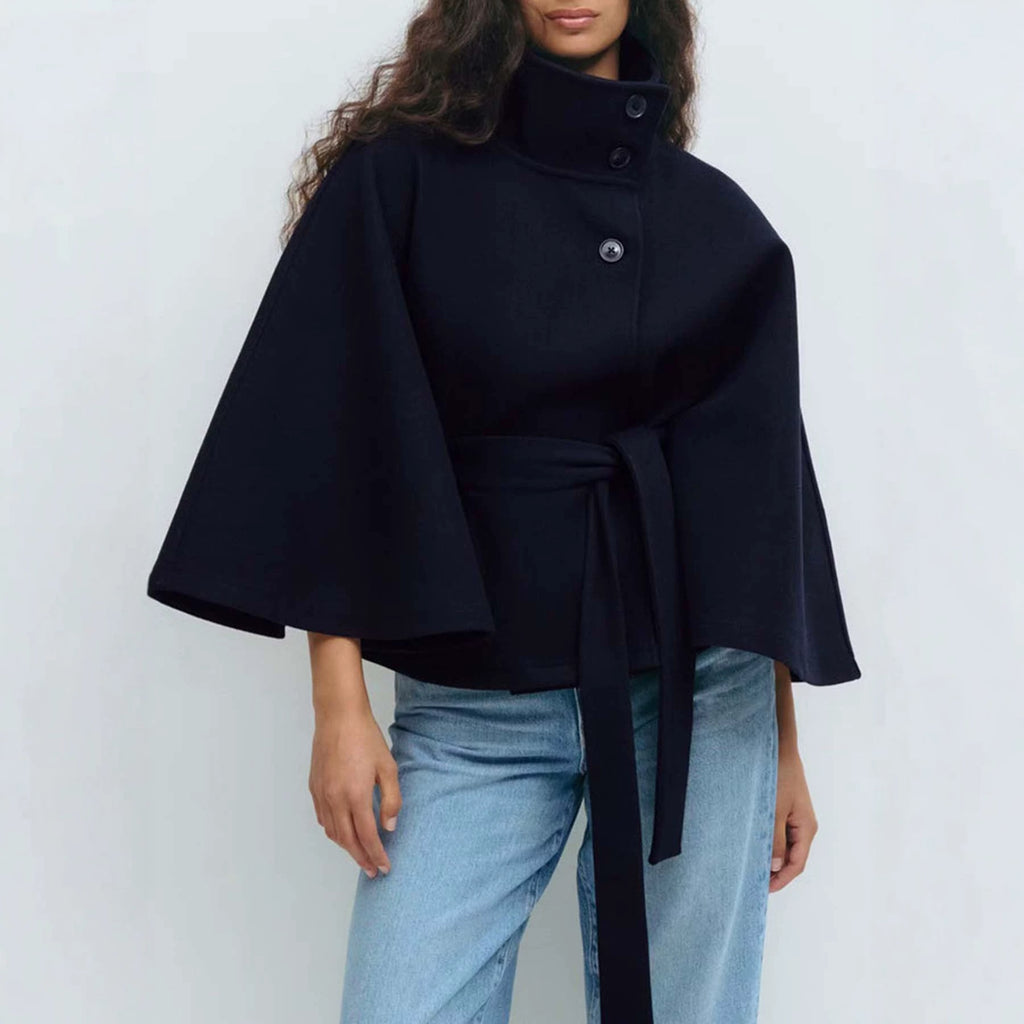Women's Short Cape Coat with Stand-Up Collar, Oversized Sleeves and Tie Belt Fashion Glam