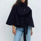 Women's Short Cape Coat with Stand-Up Collar, Oversized Sleeves and Tie Belt Fashion Glam