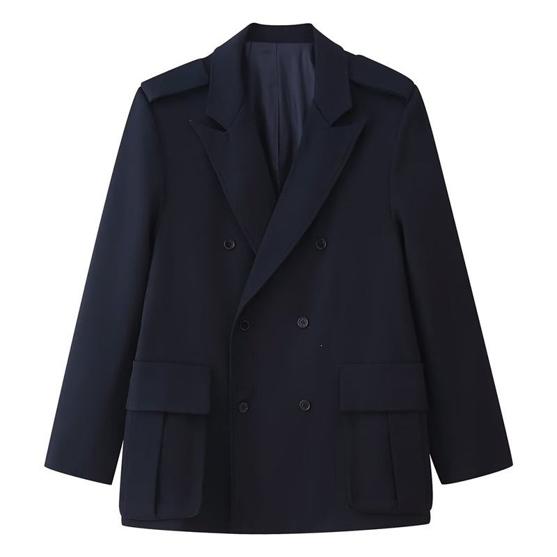 Women Double-breasted Field Blazer with large flap pockets and shoulder epaulets Fashion Glam