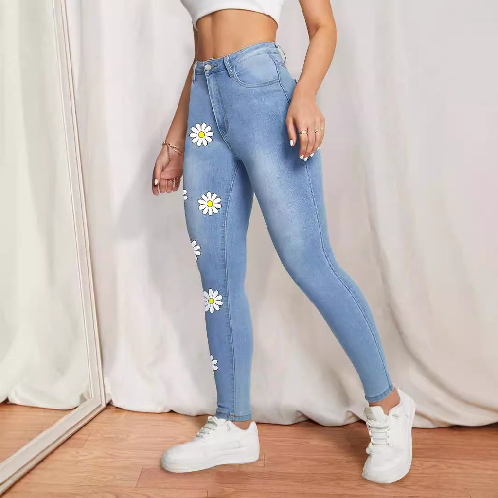 Women's High-Waist Skinny Jeans with printed Daisies and figure-shaping Stretch Fashion Glam