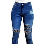 Women Stretch Skinny Jeans with High Waist, Knee Ripped Details and Leo Underlay Fashion Glam