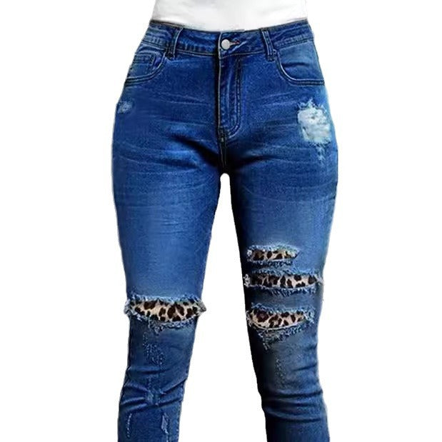 Women Stretch Skinny Jeans with High Waist, Knee Ripped Details and Leo Underlay Fashion Glam