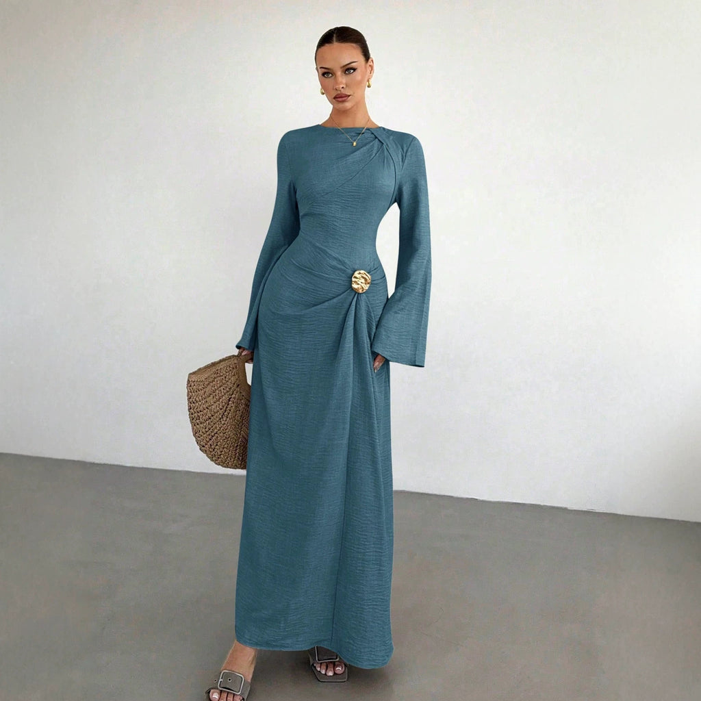 Ladies max dress with draping, decorative brooch and wide trumpet sleeves Fashion Glam