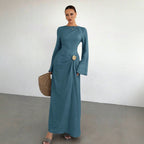 Ladies max dress with draping, decorative brooch and wide trumpet sleeves Fashion Glam