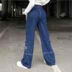 Women's high-waisted wide cargo denim pants with elastic waistband and multiple pockets Fashion Glam