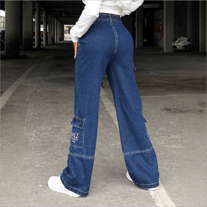 Women's high-waisted wide cargo denim pants with elastic waistband and multiple pockets Fashion Glam