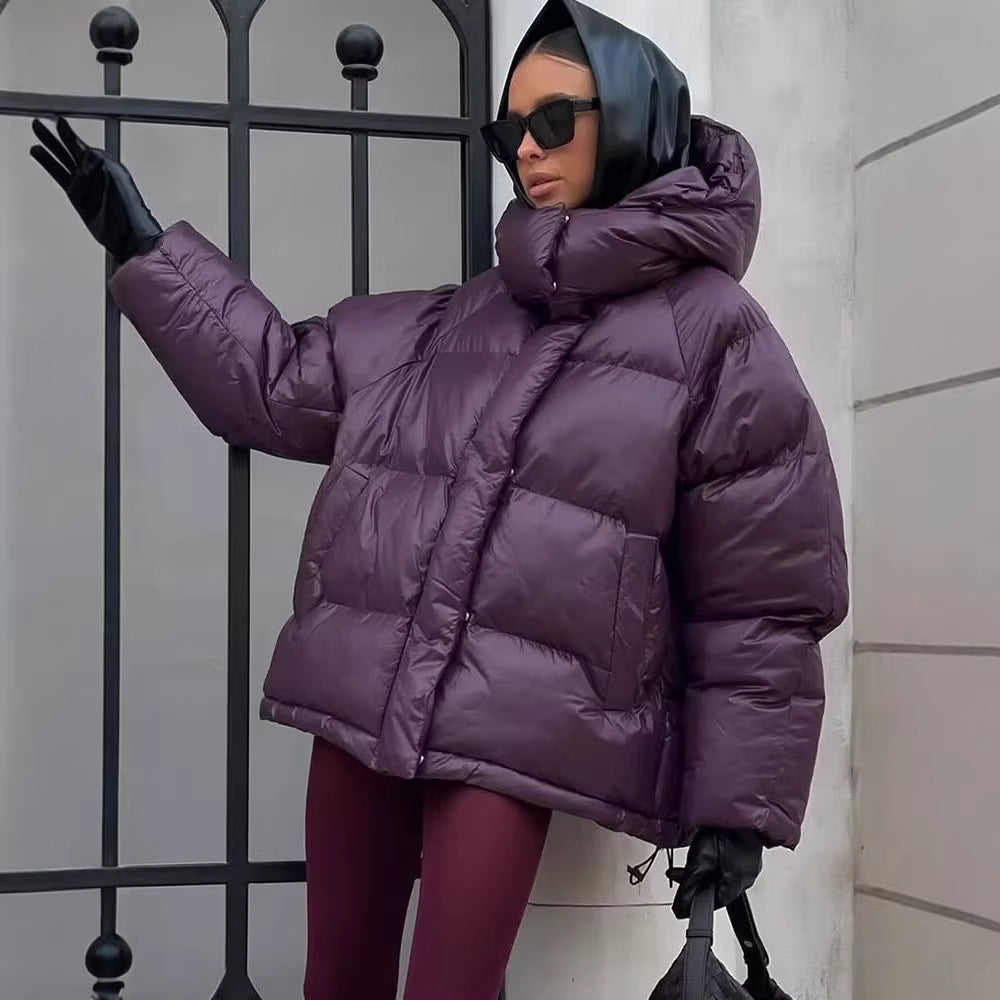 Women's Oversize Quilted Puffer Jacket with High Collar and Hood Fashion Glam