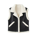 Women's Sleeveless Lambskin Imitation Vest with Lapel Collar and Patch Pockets Fashion Glam