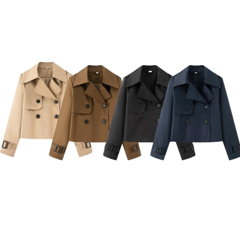 Women Cropped Double-breasted Trench Coat with Wide Lapels and Adjustable Cuffs Fashion Glam