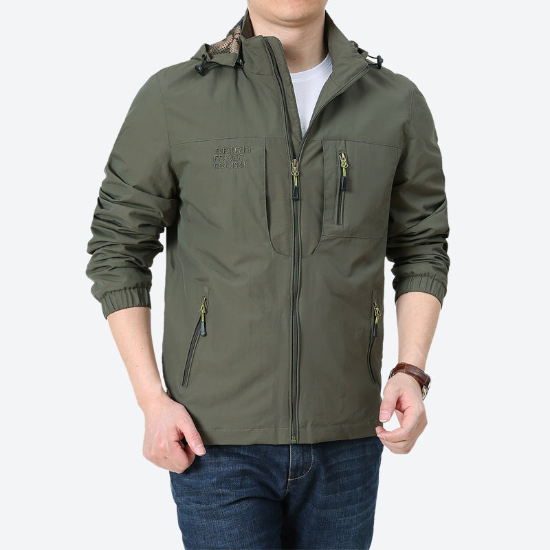 Men's Windproof Microfiber Utility Jacket with Hood and Multiple Zipper Pockets Fashion Glam