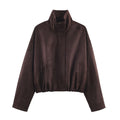 Women's Short Oversized Suede-Look Bomber Jacket with Stand-Up Collar and Elastic Hem Fashion Glam