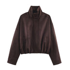 Women's Short Oversized Suede-Look Bomber Jacket with Stand-Up Collar and Elastic Hem Fashion Glam
