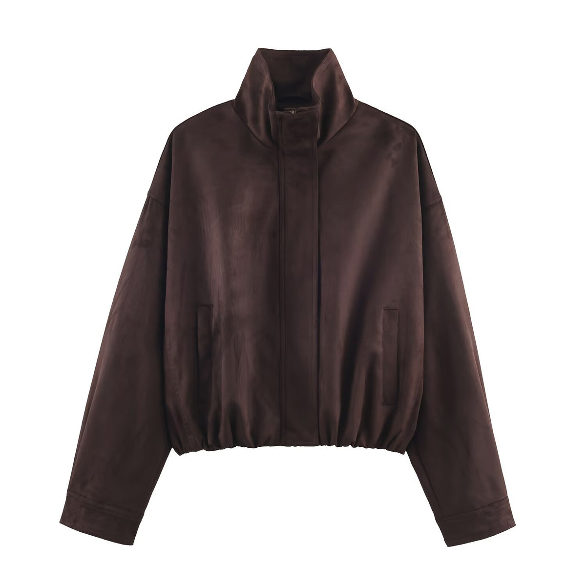 Women's Short Oversized Suede-Look Bomber Jacket with Stand-Up Collar and Elastic Hem Fashion Glam
