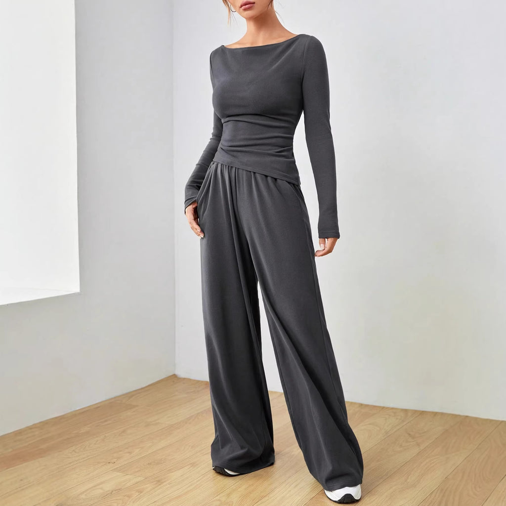 Women’s loungewear set made of softly falling jersey with a boat neckline, fitted long sleeve, and wide palazzo pants Fashion Glam