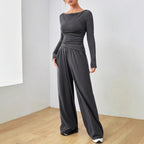 Women’s loungewear set made of softly falling jersey with a boat neckline, fitted long sleeve, and wide palazzo pants Fashion Glam