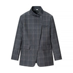 Men's Asymmetrical Stand Collar Blazer with Check Pattern and Hidden Button Placket Fashion Glam