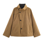 Women's Oversized Short Coat with High Stand Collar, Raglan Sleeves and Concealed Button Placket Fashion Glam
