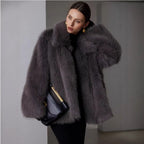 Ladies Short Boxy Faux Fur Jacket with Extra Soft High Pile and Voluminous Shawl Collar Fashion Glam