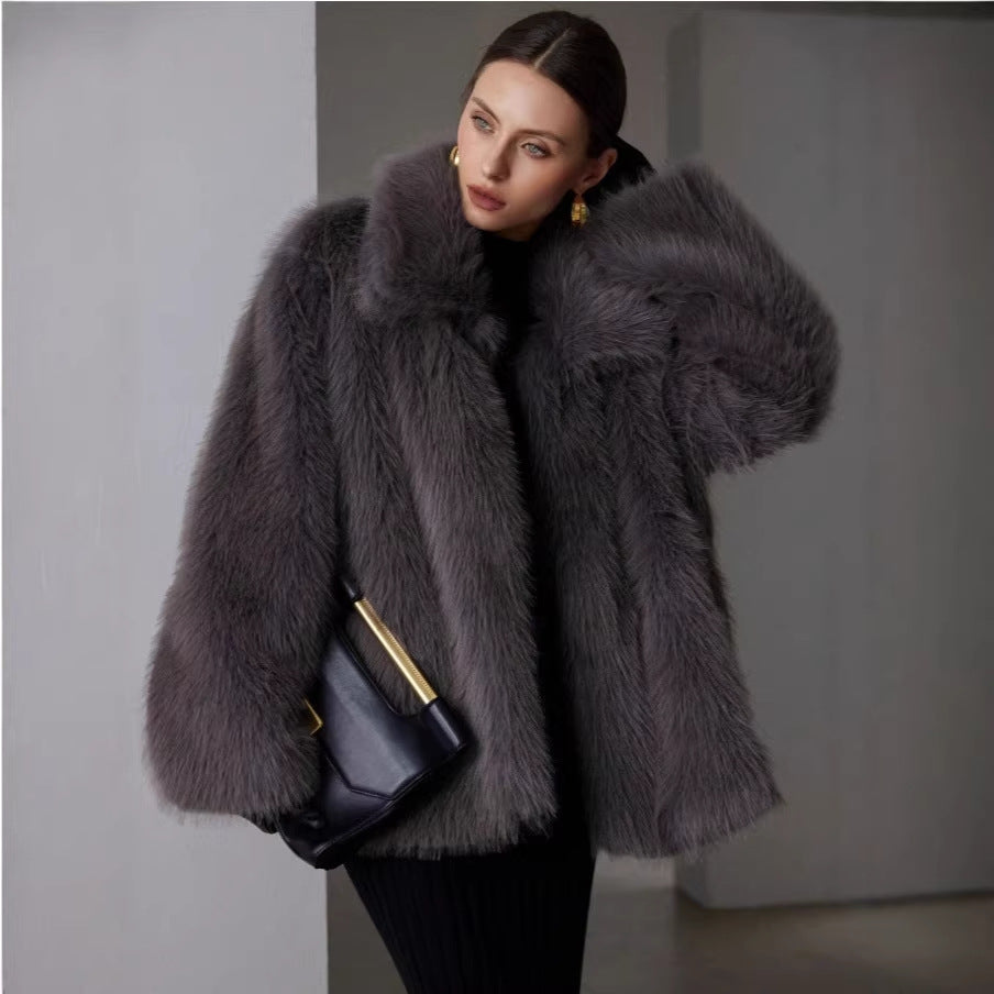 Ladies Short Boxy Faux Fur Jacket with Extra Soft High Pile and Voluminous Shawl Collar Fashion Glam