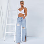 Women Wide High-Waist Denim Jeans with High Side Slits and Destroyed Details Fashion Glam