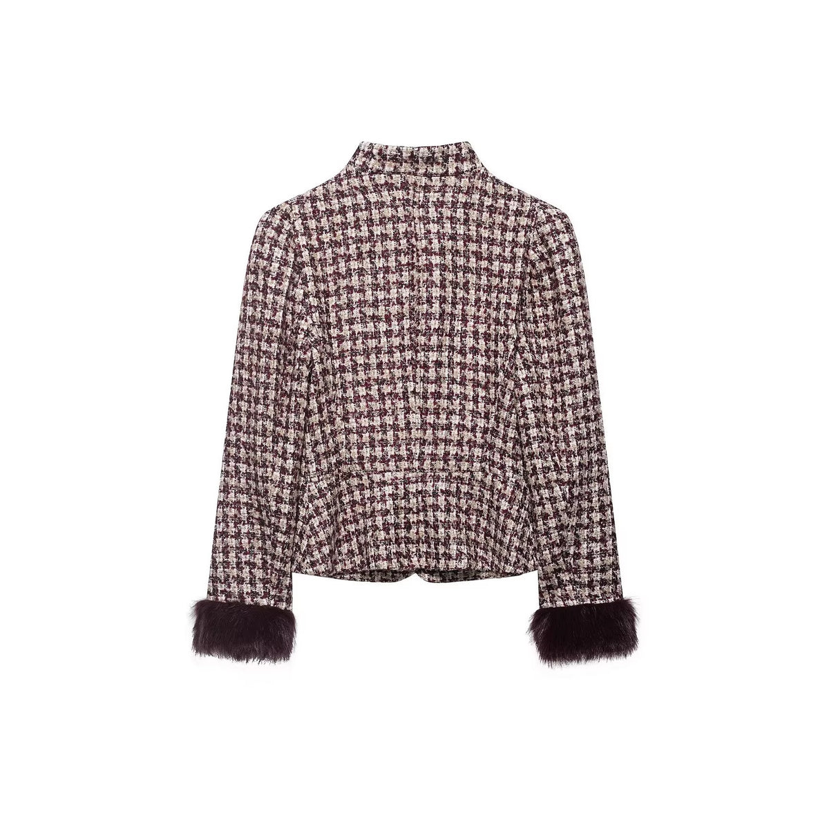 Women Boucle-Tweed Jacket with Stand-up Collar and Faux Fur Cuffs Fashion Glam