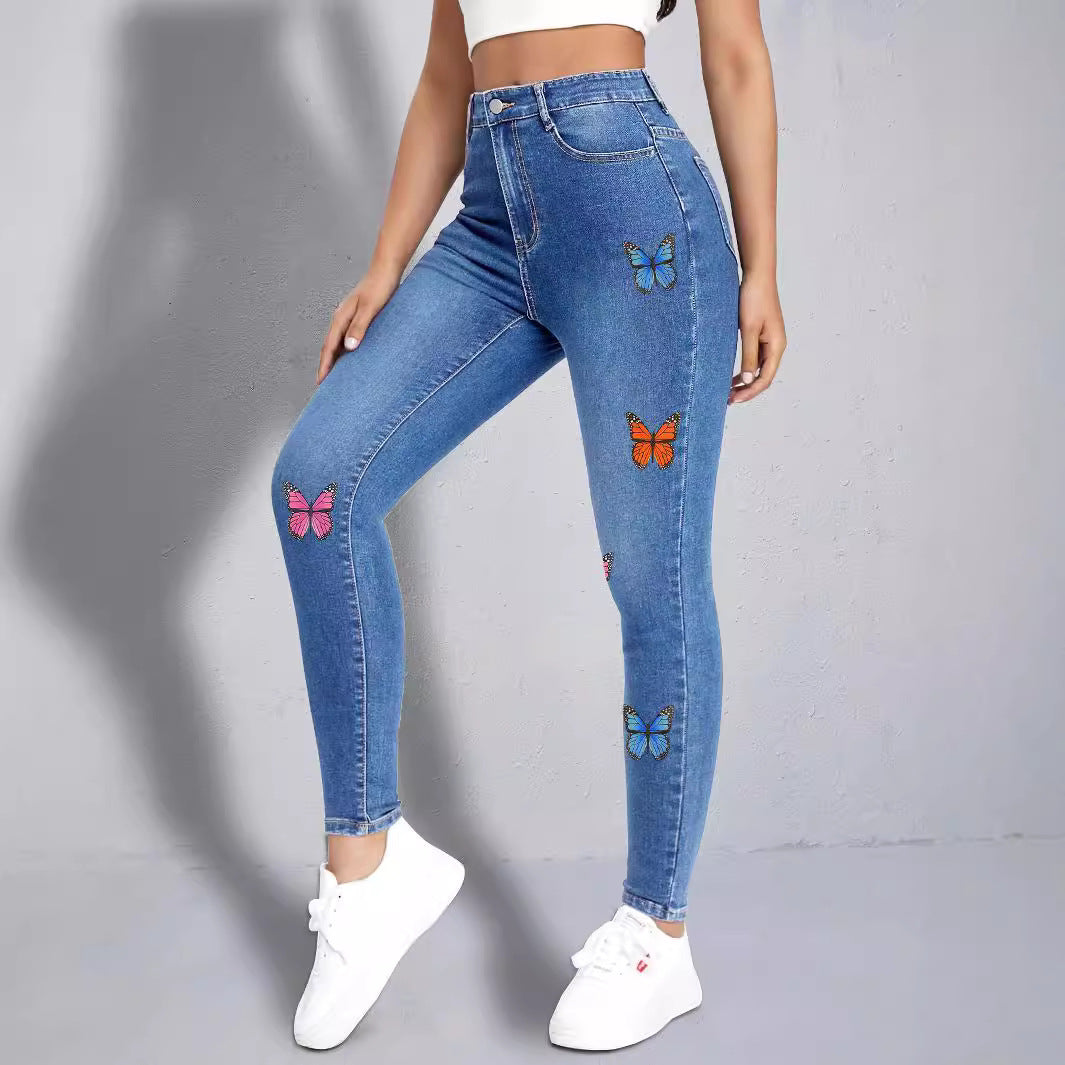 Women slim-fit high-waist jeans leggings with colorful butterfly print Fashion Glam