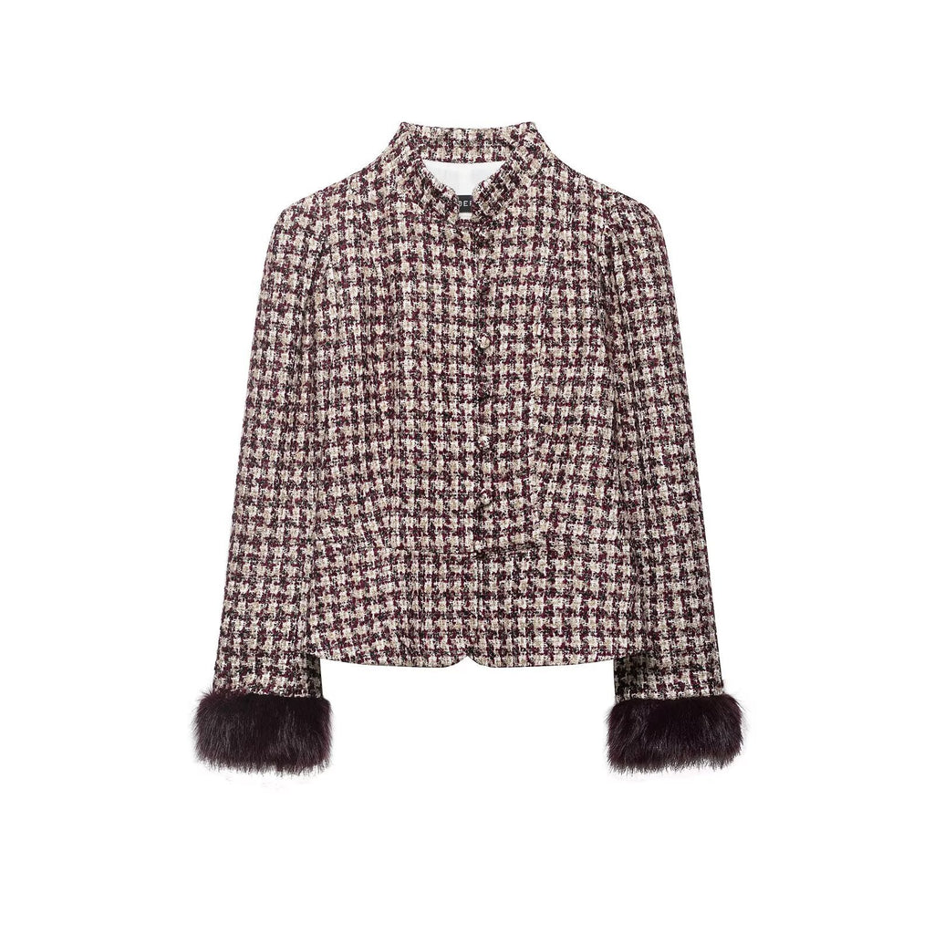 Women Boucle-Tweed Jacket with Stand-up Collar and Faux Fur Cuffs Fashion Glam