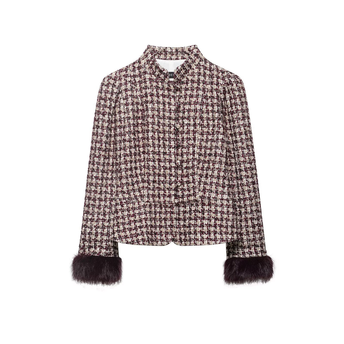 Women Boucle-Tweed Jacket with Stand-up Collar and Faux Fur Cuffs Fashion Glam