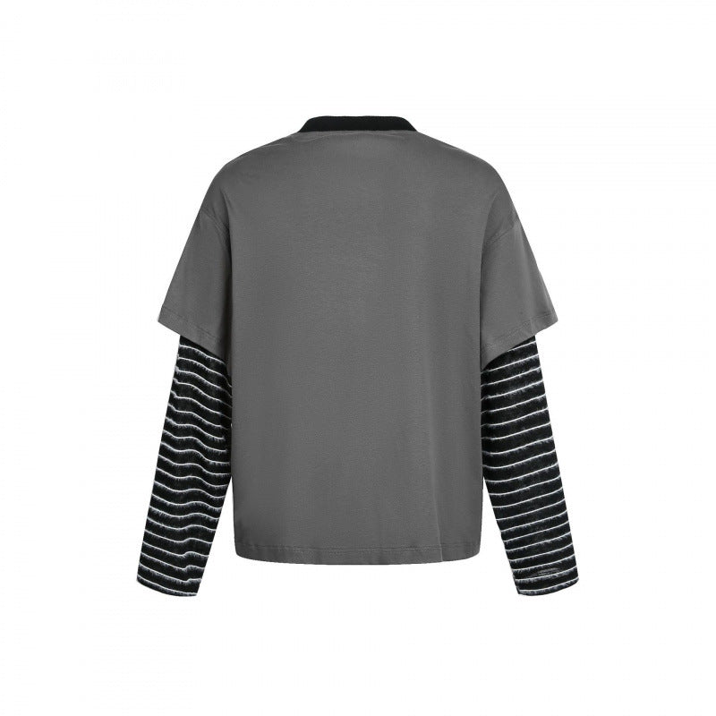Women layered look long sleeve with graphic print, striped insert sleeves and decorative shoulder straps Fashion Glam