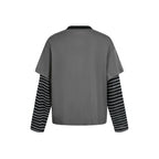 Women layered look long sleeve with graphic print, striped insert sleeves and decorative shoulder straps Fashion Glam