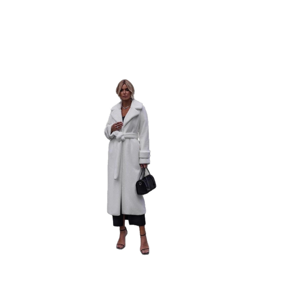 Women Elegant Maxi Wool Coat with Waist Belt, Wide Lapel and Roll-Up Cuffs Fashion Glam