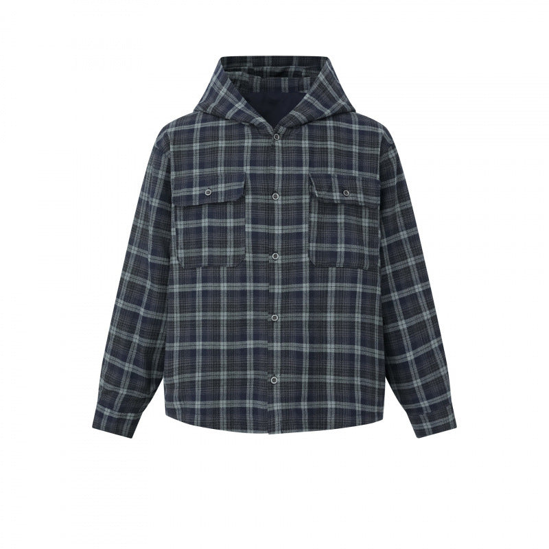 Unisex Boxy Hooded Overshirt in Flannel with Patch Pockets Fashion Glam