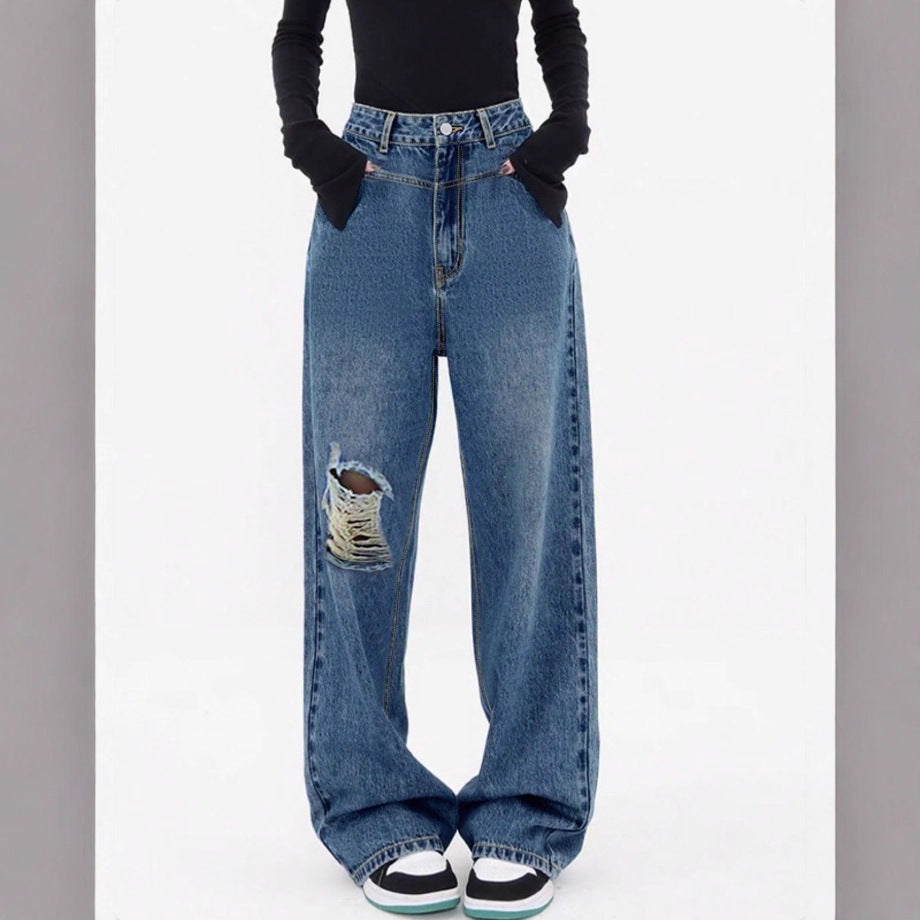 Women high-waisted oversized baggy jeans with knee rip and wide leg Fashion Glam