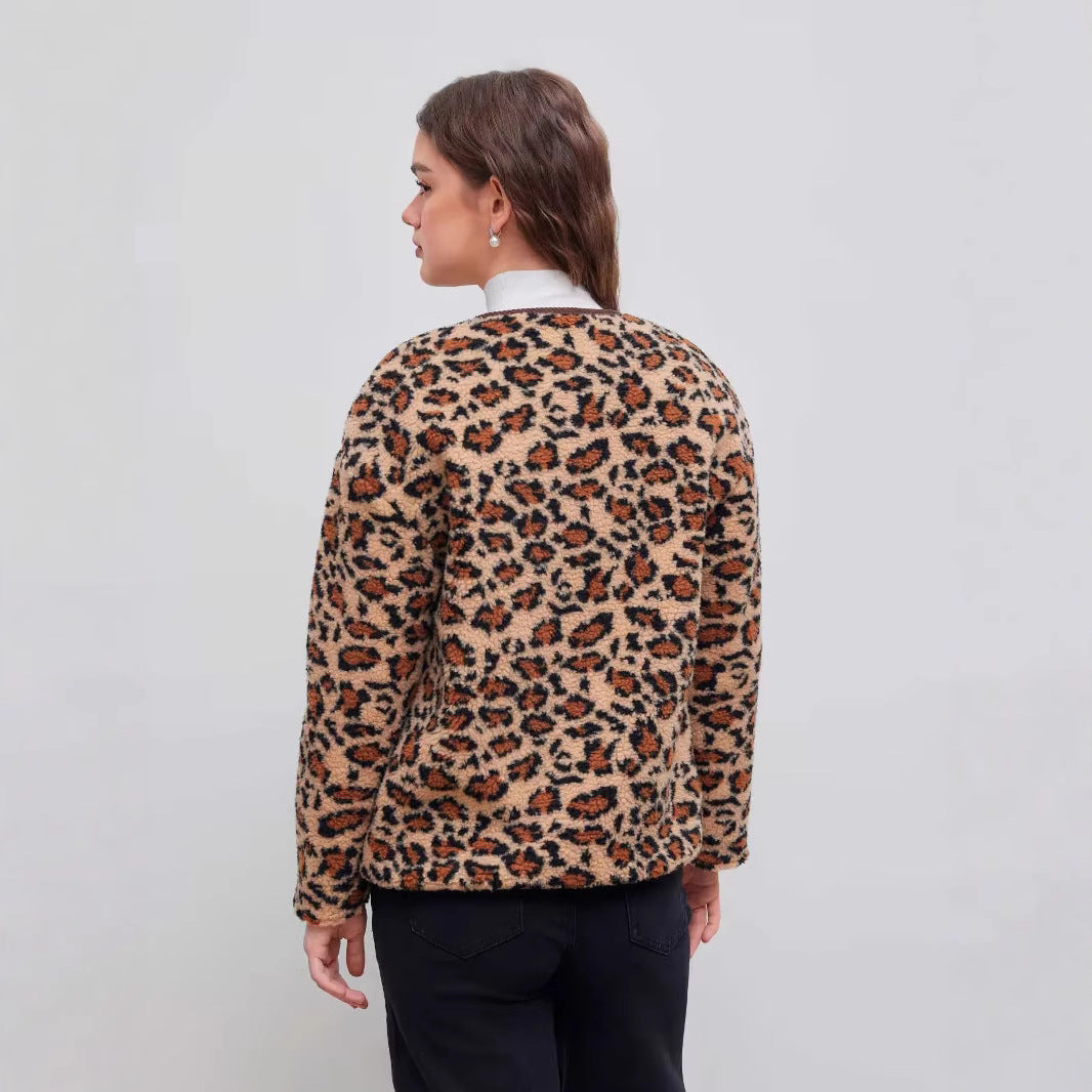 Ladies short jacket with leopard print and teddy fleece button placket Fashion Glam