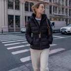 Women's Shiny Down-Look Quilted Jacket with Hood and Tailored Drawstring Belt Fashion Glam