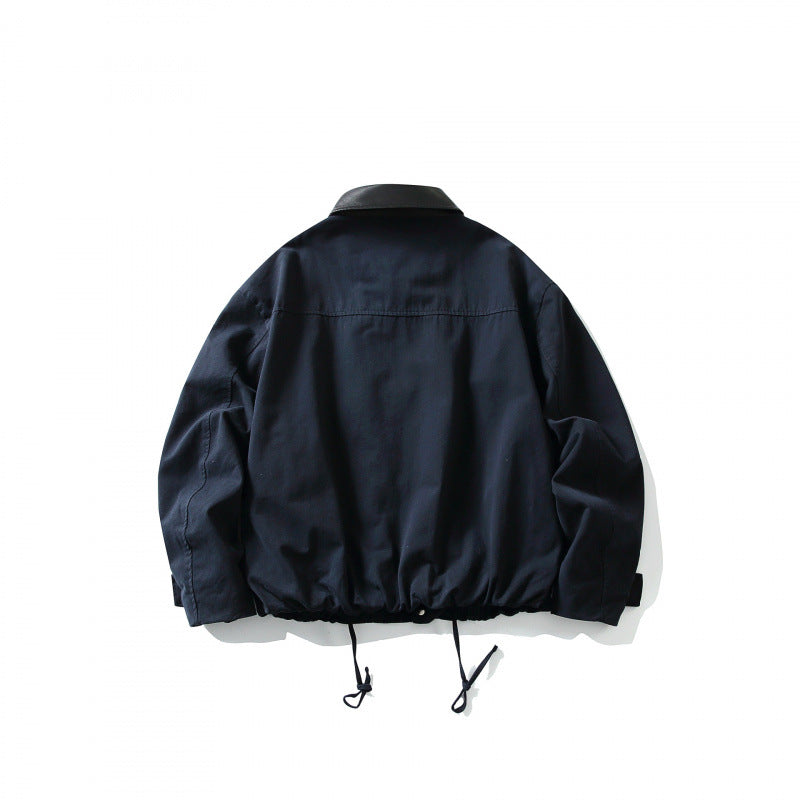 Men's Boxy Utility Jacket with Faux Leather Collar, Drawstring and Snap Cuffs Fashion Glam