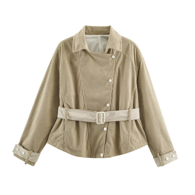 Women’s corduroy short jacket with fitted belt and snap button placket Fashion Glam