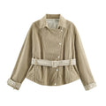 Women’s corduroy short jacket with fitted belt and snap button placket Fashion Glam