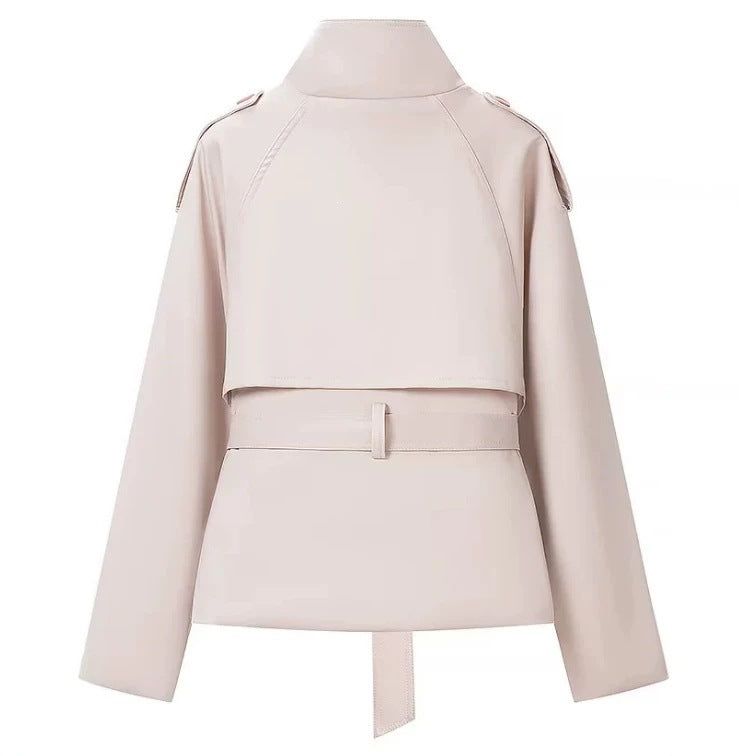 Women's Cropped Trench Coat in Boxy Cut with Stand Collar, Epaulettes and Waist Belt Fashion Glam