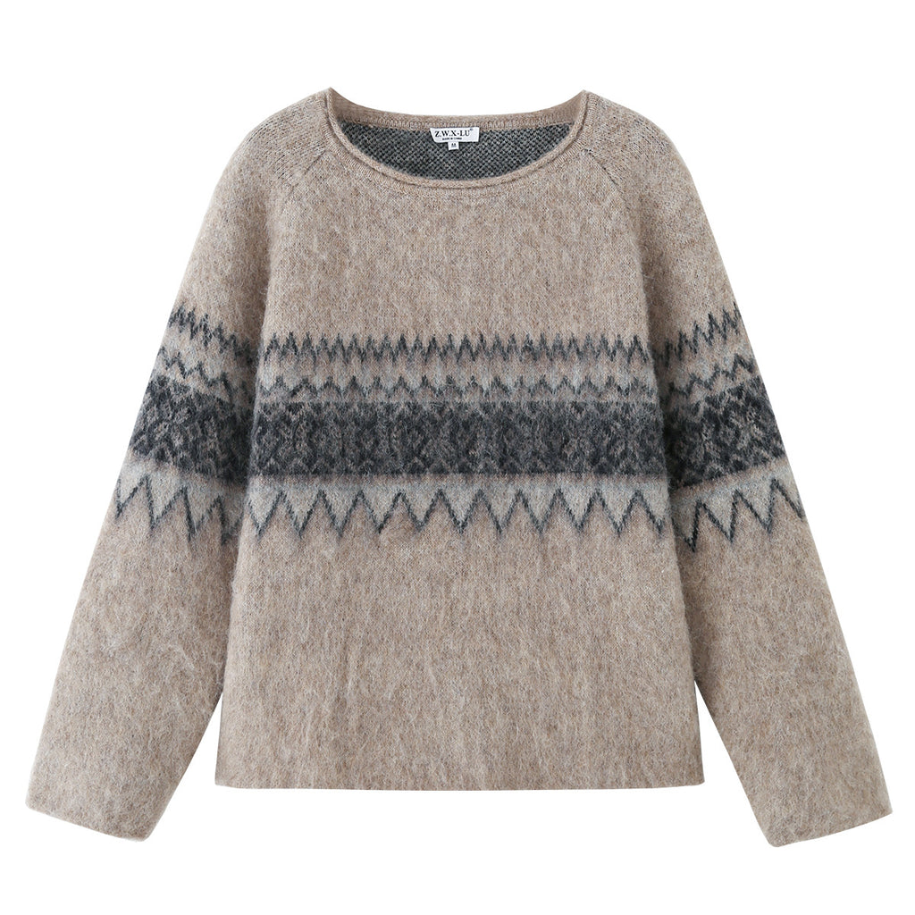 Women Oversize Mohair-Mix Sweater with Round Neck and Fair Isle Pattern Fashion Glam