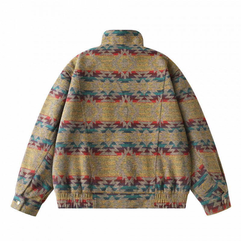 Unisex Boxy Jacquard Wool Bomber Jacket with Stand-Up Collar, Flap Pockets, and Elastic Hem Fashion Glam