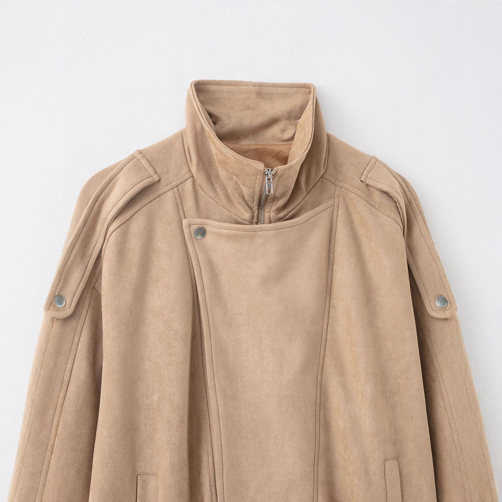 Women's short jacket in suede look with high stand-up collar, shoulder flaps and waist belt Fashion Glam