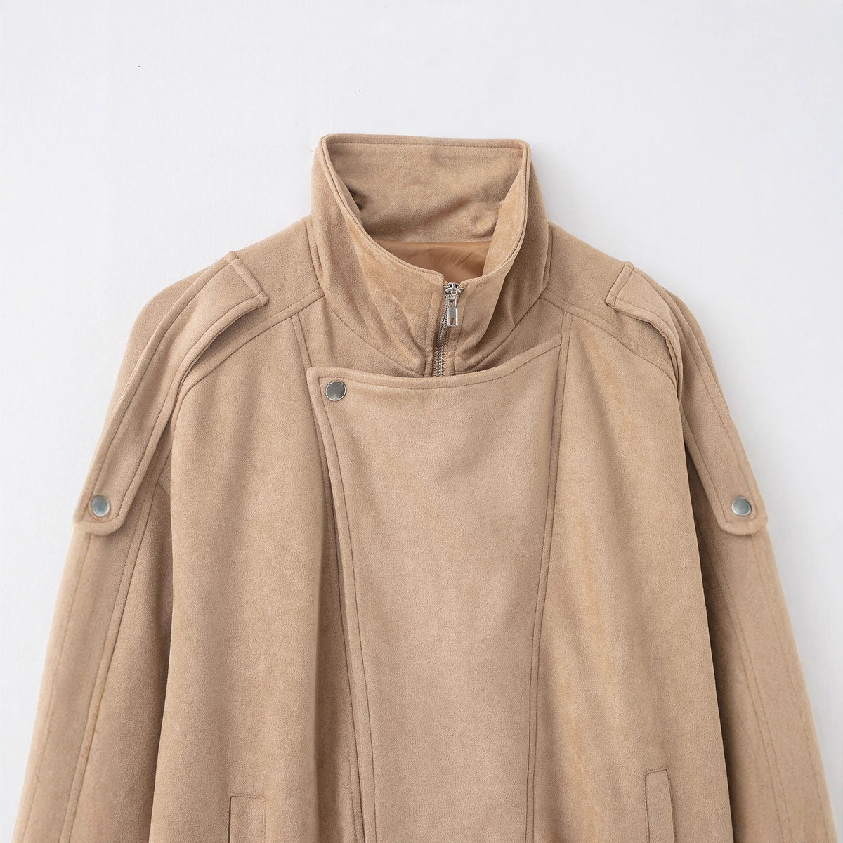 Women's short jacket in suede look with high stand-up collar, shoulder flaps and waist belt Fashion Glam