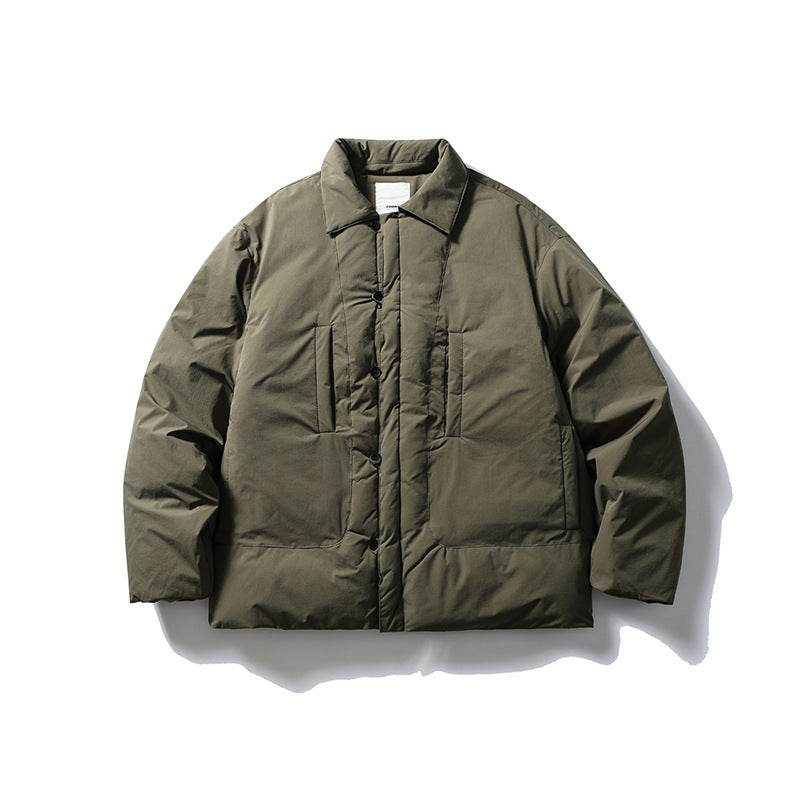 Men's short-cut thermo puffer jacket in boxy cut with shirt collar and concealed snap button placket Fashion Glam