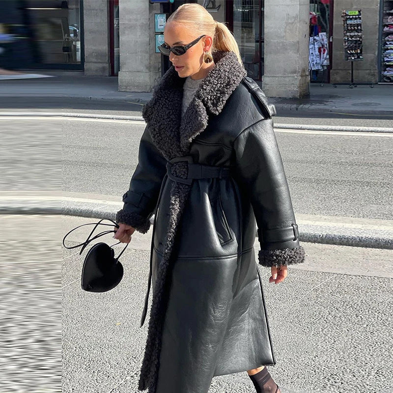 Women long oversized lambskin imitation coat with belt and shawl collar Fashion Glam