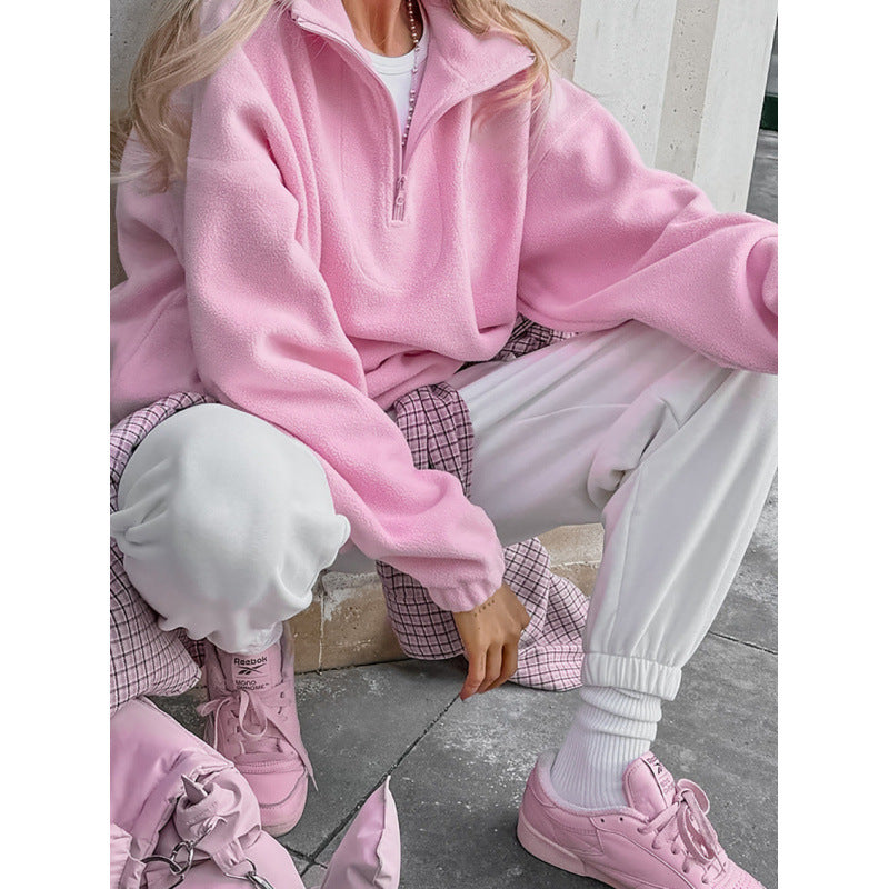 Women’s Oversized Fleece Pullover with Half Zipper and Stand-Up Collar Fashion Glam