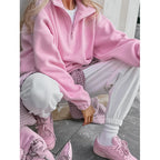 Women’s Oversized Fleece Pullover with Half Zipper and Stand-Up Collar Fashion Glam