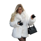 Women's Mid-length Faux Fur Coat with Long Fiber Shaggy Look and Concealing A-Line Fashion Glam