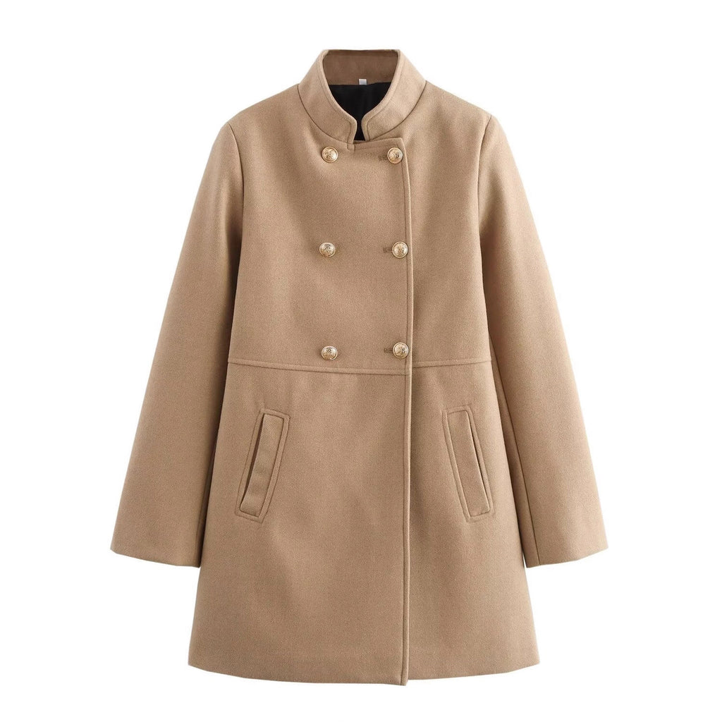 Women's Double-Breasted Wool Blend Coat with Stand Collar and Decorative Buttons Fashion Glam