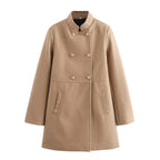Women's Double-Breasted Wool Blend Coat with Stand Collar and Decorative Buttons Fashion Glam